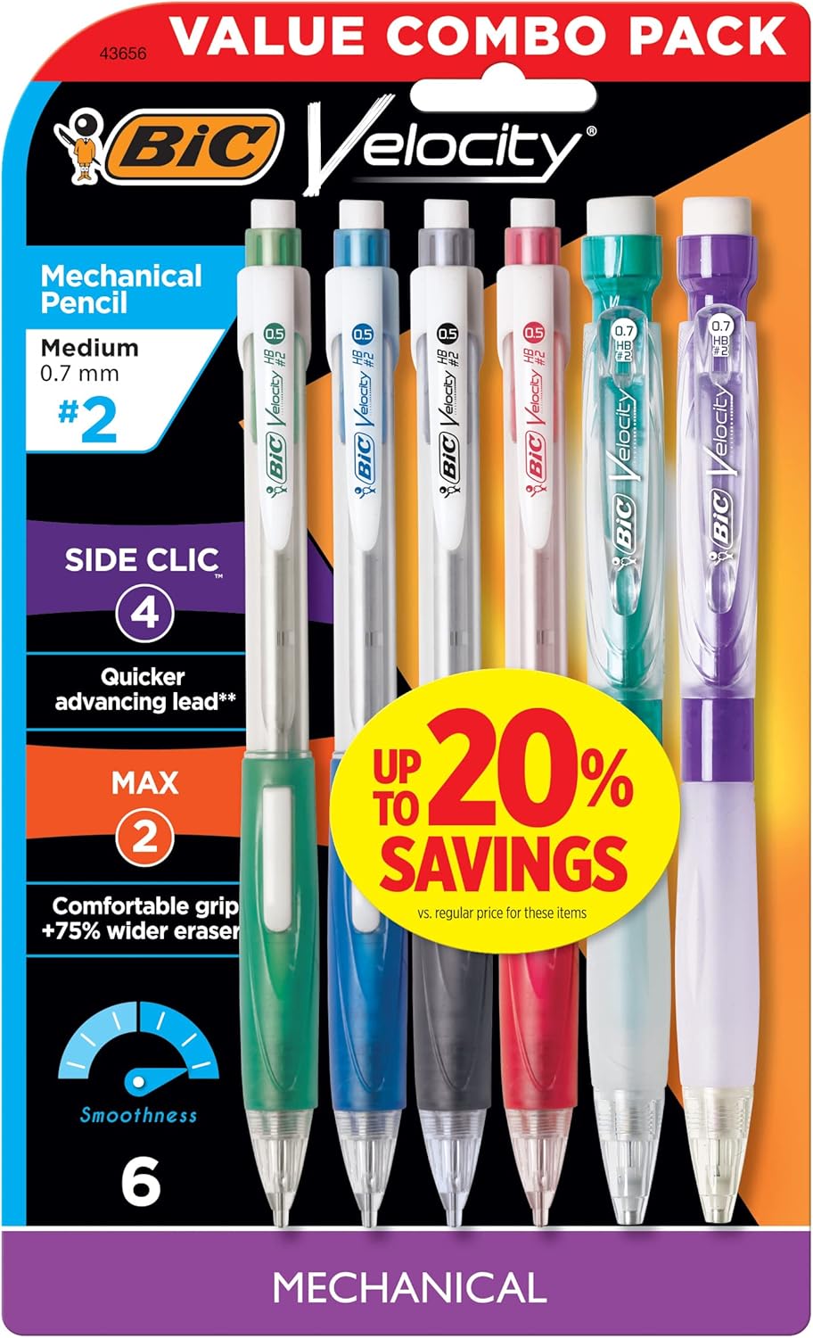 BIC Velocity Mechanical Pencils, With Colorful Barrel, Medium Point (0.7mm), 6-Count Pack Mechanical Pencils With Eraser and Lead Refills