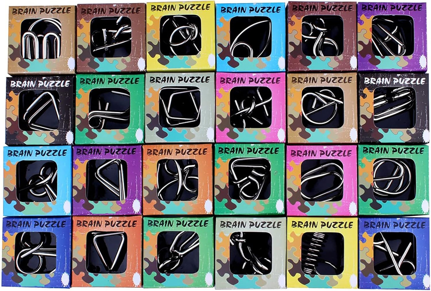 AHYUAN 24 Pack Metal Puzzles Brain Teaser IQ Wire Metal Puzzles with Paper Box Gift Package Fidget Toys Educational Puzzle Games Toys Magic Trick Toy Party Favors for Kids Adults Challenge