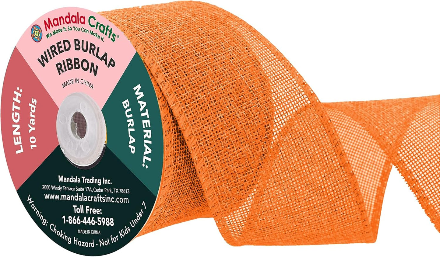 Mandala Crafts Orange Burlap Wired Ribbon 2.5 Inches Wide Jute Ribbons for Crafts - 10 Yds Roll Rustic Burlap Wrap Trim Ribbons for Wreaths Bows Party Decoration