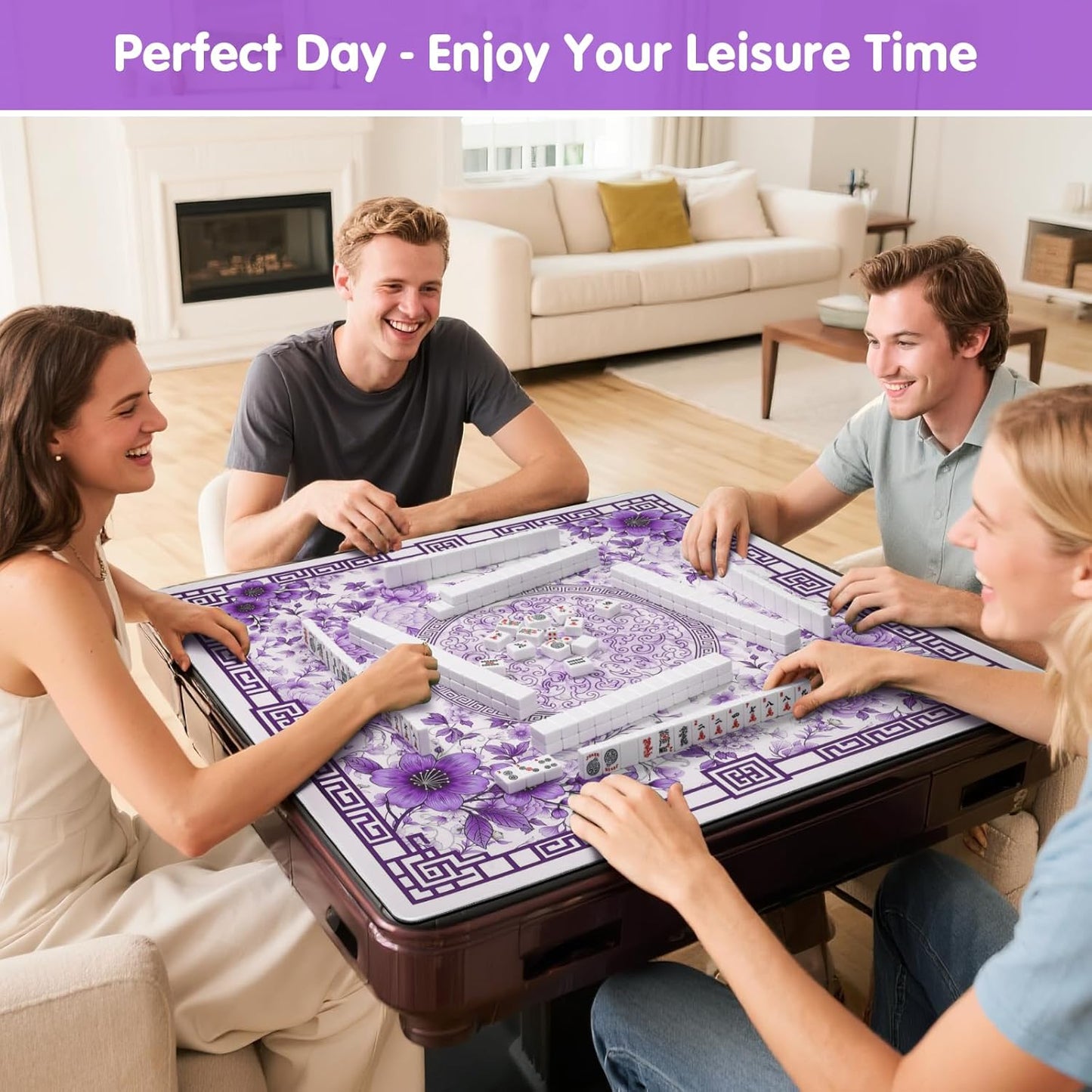 Mahjong Mat for Table 33x33 Inch, No-Crease, Anti-Slip, Noise-Reducing American Mahjong Mat, Mahjong Table Mat with Carry Bag,Neoprene Mahjong Mat for Poker, Card, Board(Purple)