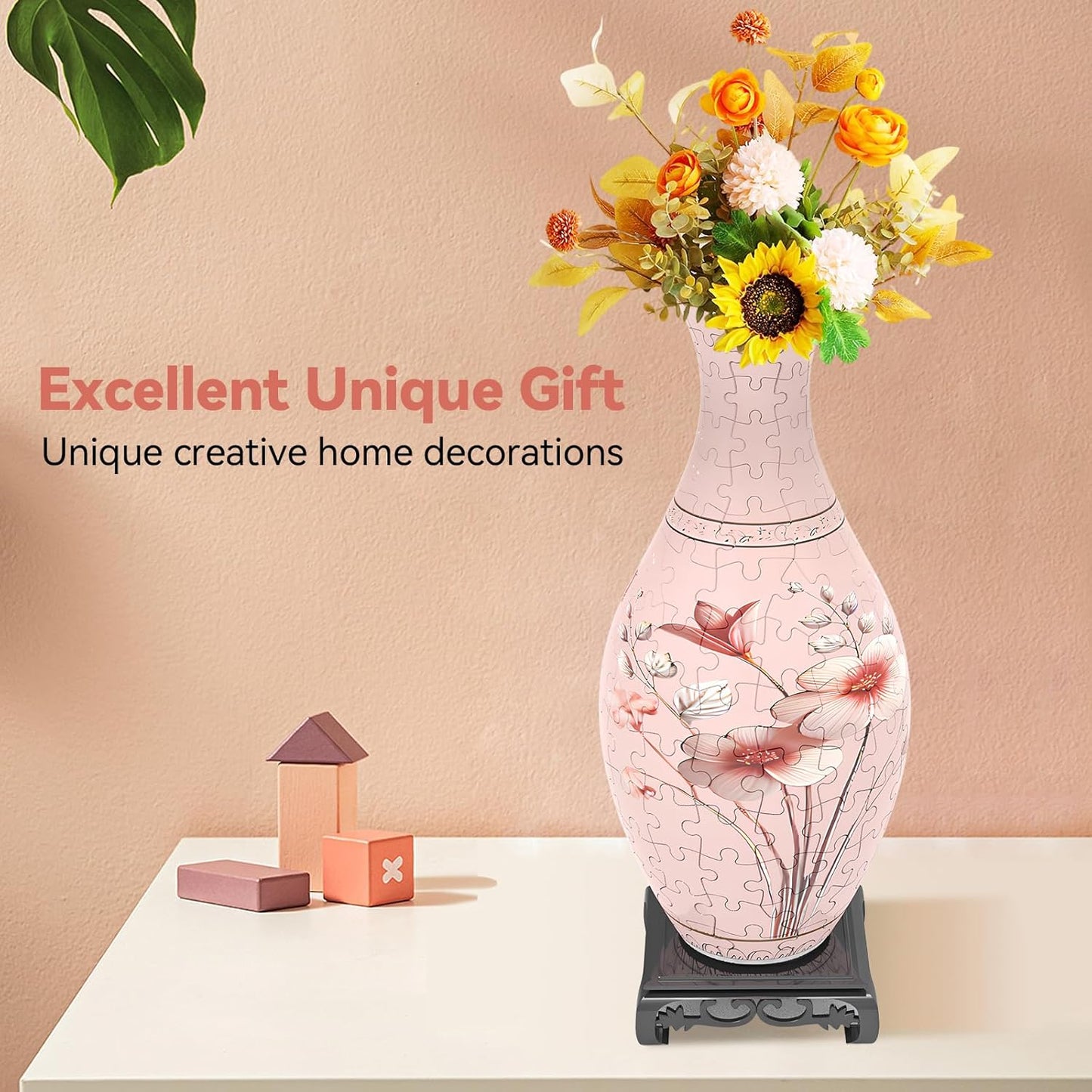 3D Puzzles Vase for Adults, Birthday Gifts for Women, 160 Pieces Plastic DIY Unique Flower Vase with LED Light, Crafts for Adults House Warming Gift for Flower Arrangements and Home Decor (Pink)