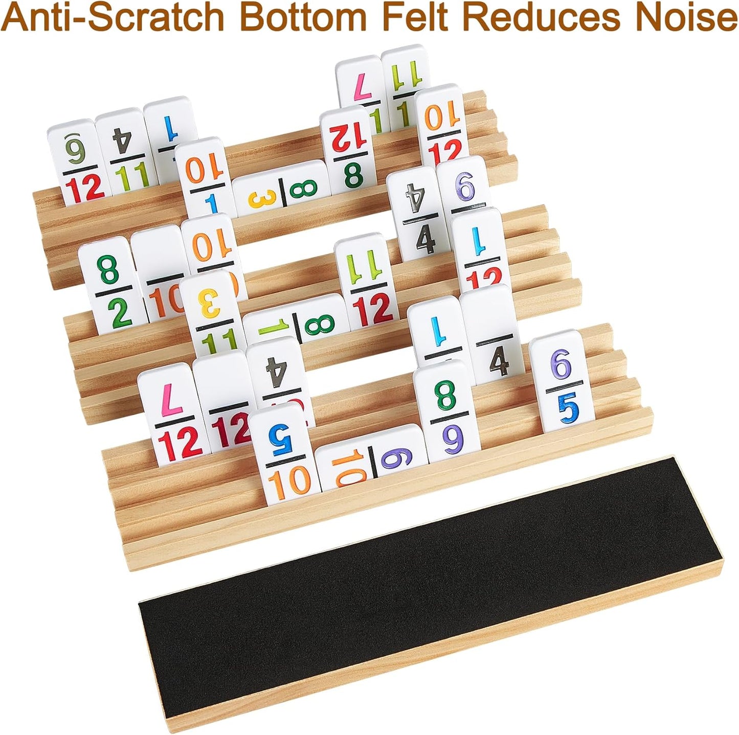 Mexican Train Dominoes Set with 4 Wooden Trays/Racks and Portable Carrying Case,Travel Colorful Double 12 Dominoes - 91 Numbered Tiles,for Kids and Adults