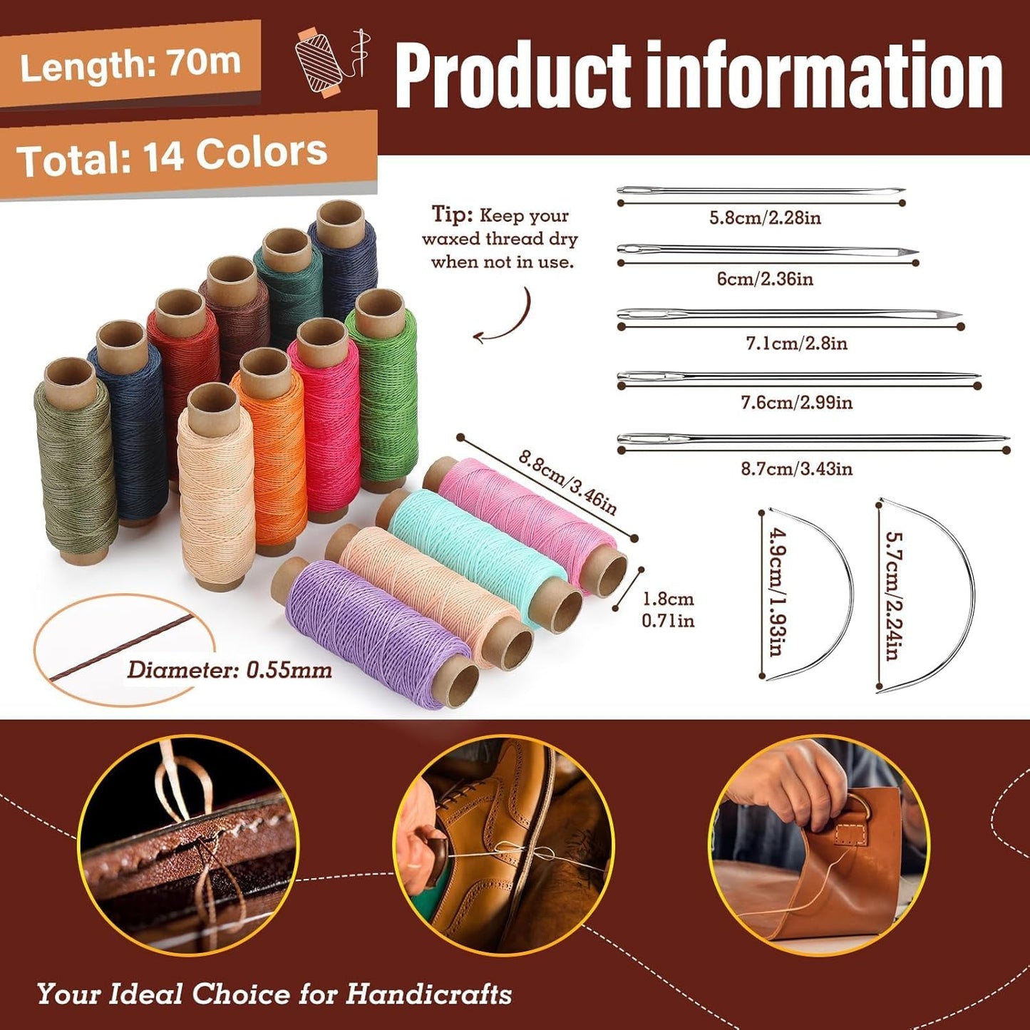 0.55 mm Round Waxed Thread, 14 Colors 76 Yards Spool Wax Coated String, Leather Sewing Waxed Thread for Sewing, Stitching, Beading, Bookbinding, Bracelet, Braiding