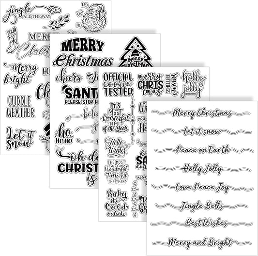 Whaline 4 Sheet Christmas Words Clear Stamps Greeting Words Santa Xmas Tree Pattern Silicone Transparent Stamps Border Stamp Cards for DIY Craft Card Making Scrapbooking Embossing Album Decor