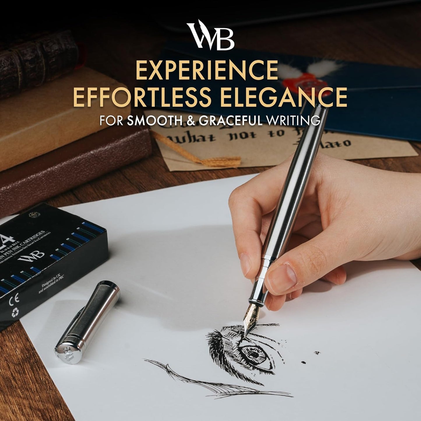 Wordsworth & Black Fountain Pen Set, 18K Gilded Extra Fine Nib, Includes 6 Pack Ink Cartridges, Ink Refill Converter & Gift Box, Chrome Finish, Calligraphy, [Silver Chrome], Perfect for Men & Women