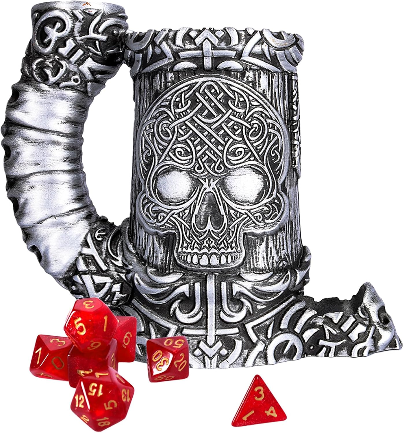 Dice Tower Mug, Dice Rolling Tower, Comes with 7 PCS Dice Set, Suitable for DND Dungeons and Dragons, Tabletop Games, Available As Drink Holder, D&D Gifts, DND Accessories (Silver Skull)