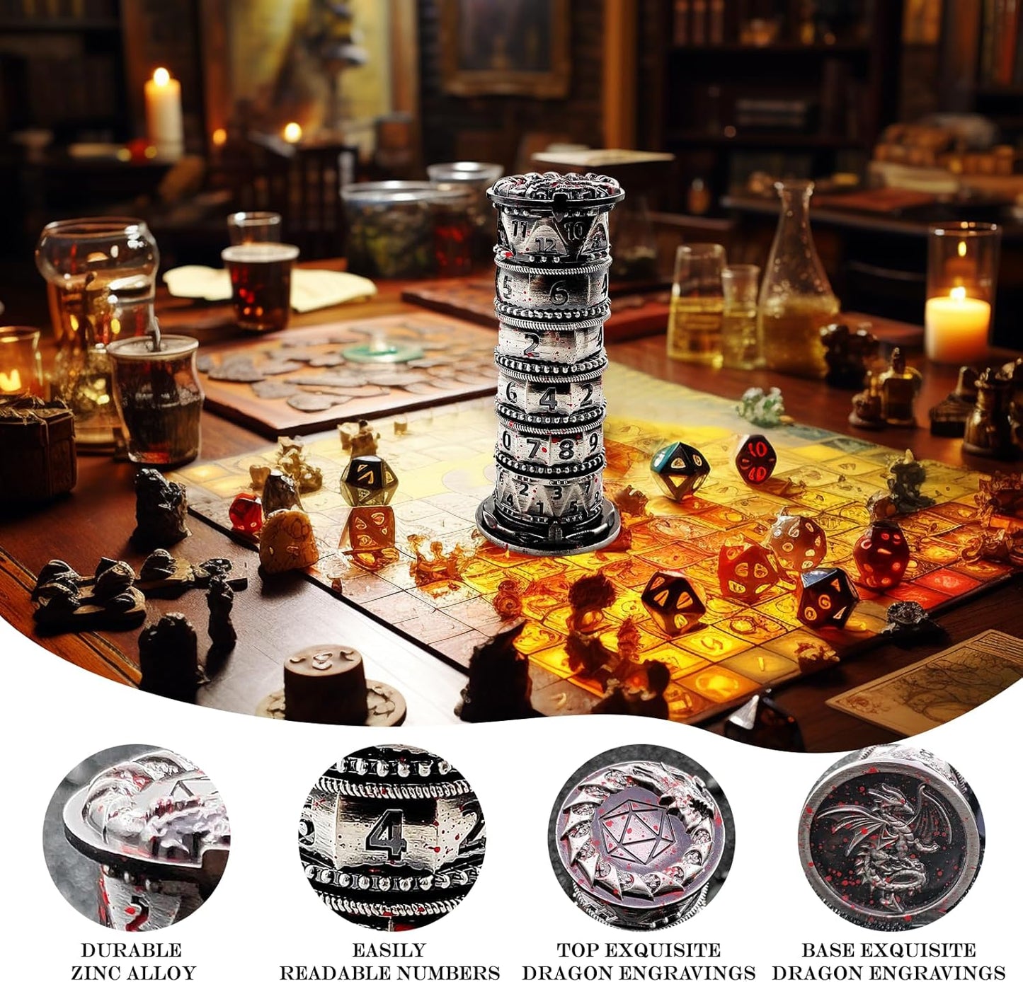 DND Dice Spinner Tower Set - Unique D4 D6 D8 D10 D10% D12 D20 All in One D&D Metal Dice - Cool Role Playing Gifts for Dungeons and Dragons TRPG MTG Games Lover Players (Tower-Bloodstained)