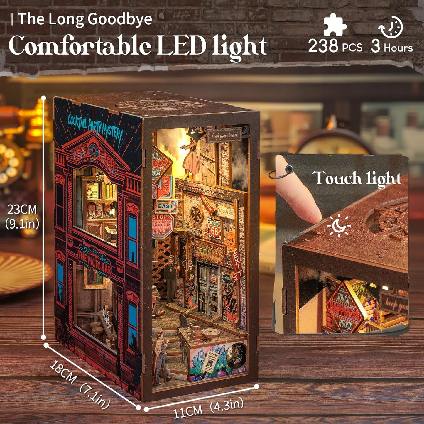 Cutefun Book Nook Kit - DIY Miniature Dollhouse Kit for Adults and Teens, Bookend Mini House Building Kit with LED, 3D Wooden Puzzle for Beginner Creative Gifts (The Long Goodbye)
