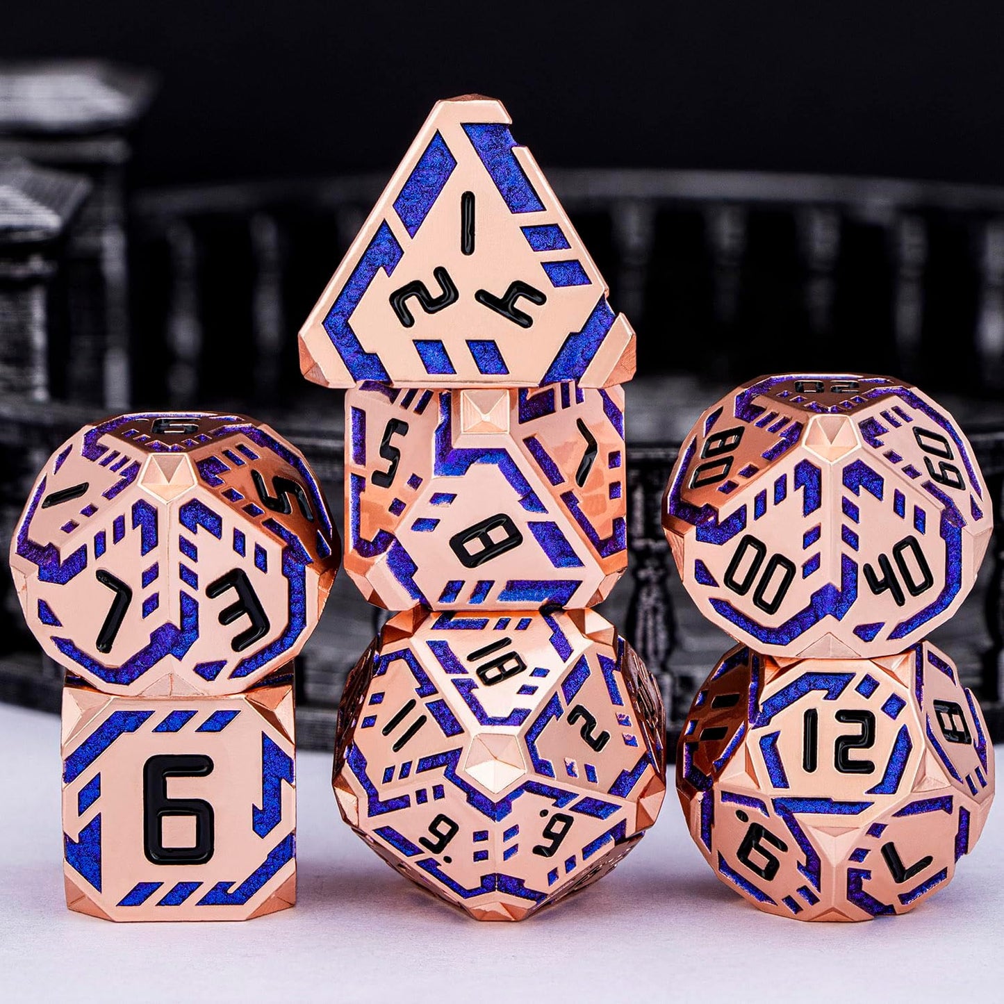 Metal DND Sci-fi Dice Set 7PCS Stripe Polyhedral Dice for Dungeons Dragons RPG Role Playing Game, Glitter D and D Dice with Gift Box D6 D8 D10 D12 D20 (Copper Blue)