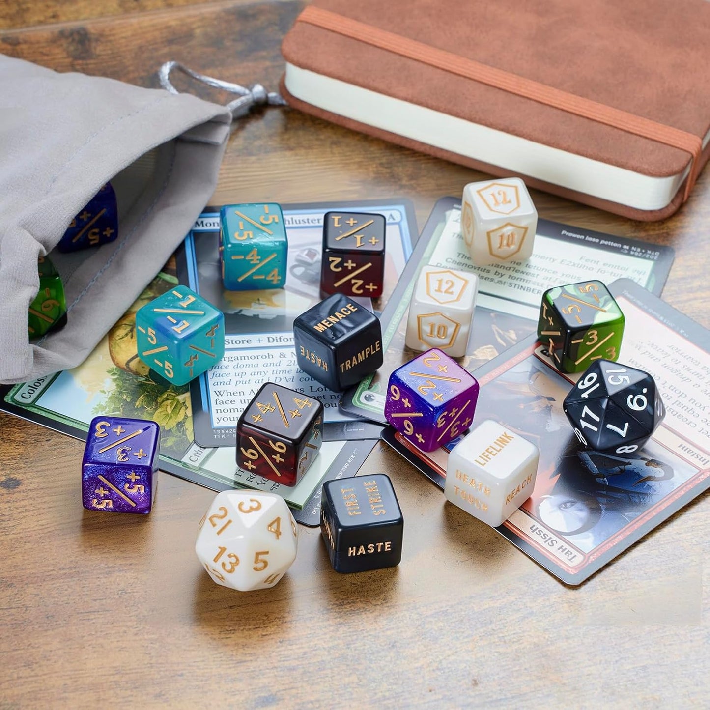 62 PCS MTG Dice Counters Set Keyword Tokens Abilities Life Counter 1/+1 counters Commander Buff Tokens Gold 6 Sided Dice Set for MTG, TCG, Card Games