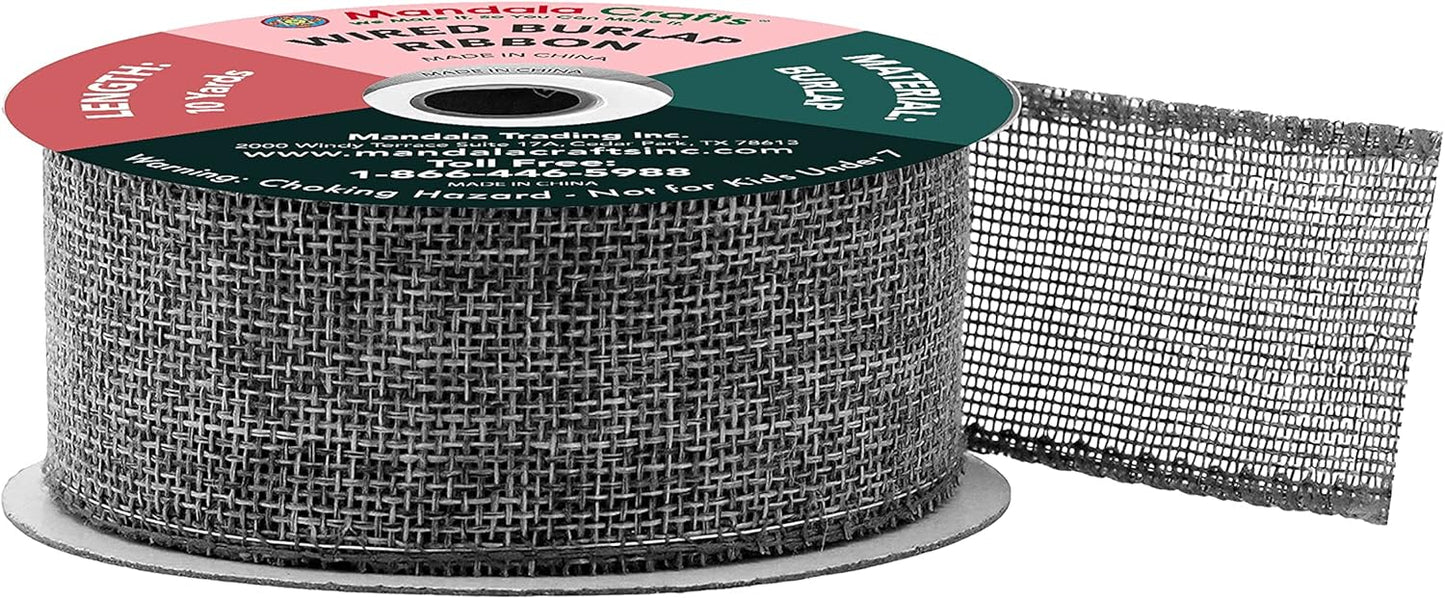 Mandala Crafts Gray Burlap Wired Ribbon 1.5 Inches Wide Jute Ribbons for Crafts - 10 Yds Roll Rustic Burlap Wrap Trim Ribbons for Wreaths Bows Party Decoration
