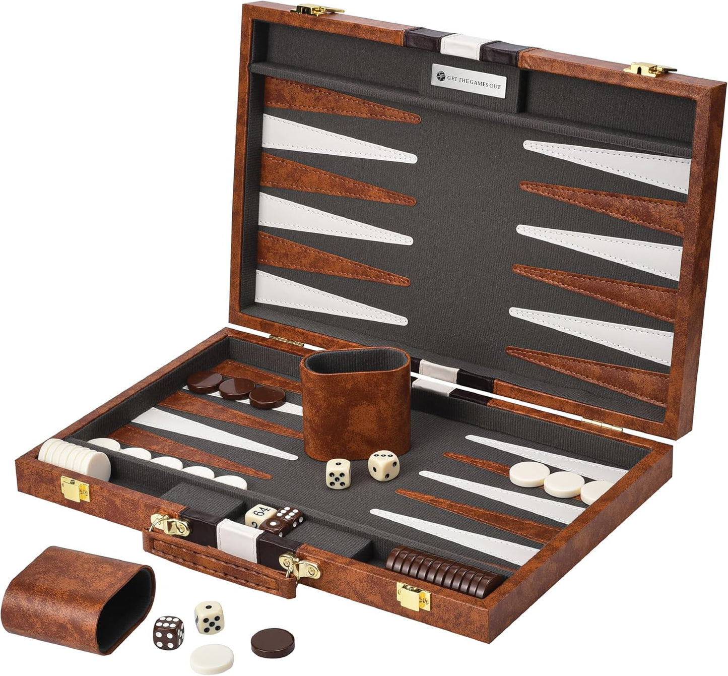 Get The Games Out Backgammon Set for Travel - Small Classic Board Game Case with Strategy Guide & 15 Game Pieces (Brown)