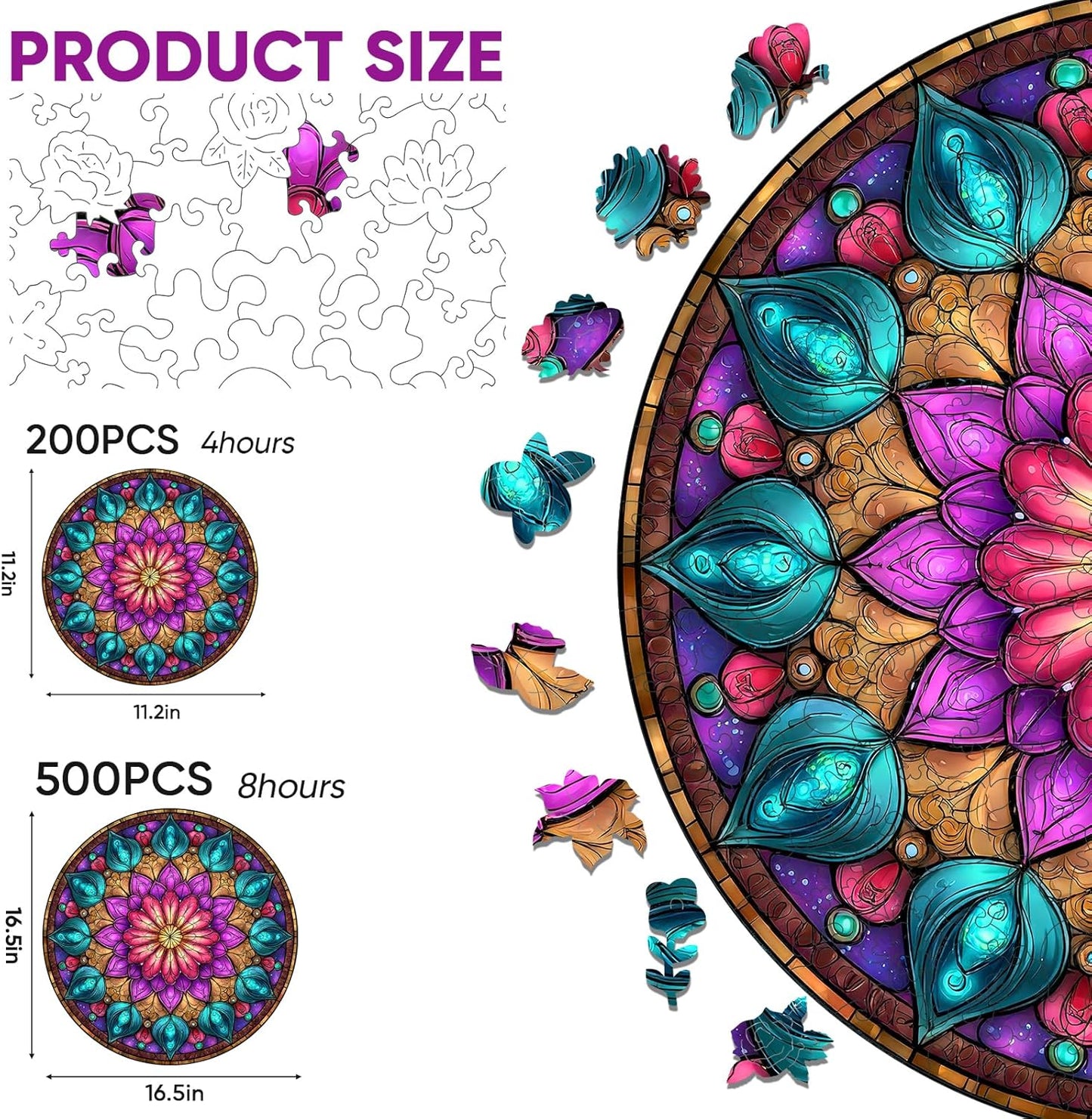 Wooden Puzzles for Adults, Mandala Puzzles 200 Pieces, Unique Shaped Jigsaw Puzzles for Adults and Kids, Birthday Gifts Fun Challenge Family Game 11.2'' x 11.2''