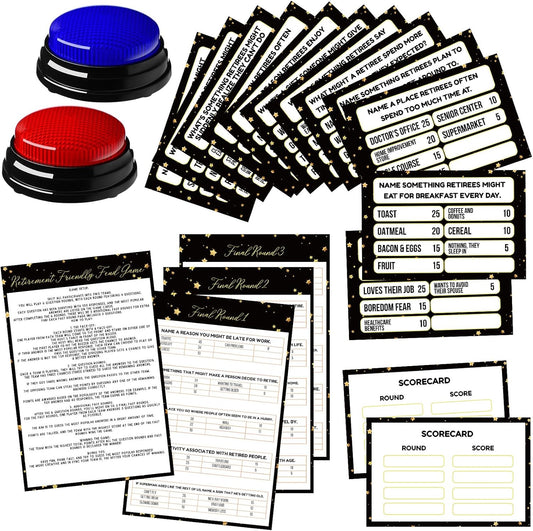20 Pcs Retirement Friendly Feud Game Set Retirement Party Game Trivia Quiz with 18 Card 2 Buzzer for Adults Family Games Activities Party Supplies, Battery Not Included