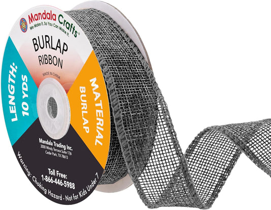 Mandala Crafts Gray Burlap Ribbon 1 Inch Wide Jute Ribbons for Crafts - 20 Yds Roll Rustic Burlap Wrap Trim Ribbons for Wreaths Bows Wedding Party Decoration