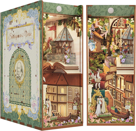 Tonecheer x British Library DIY Book Nook Kit, Shakespeare 3D Wooden Puzzle for Adults, Miniature House Kit Booknook Bookshelf Insert Decor with LED Lights Craft Gifts (Shakespeare's Verse)