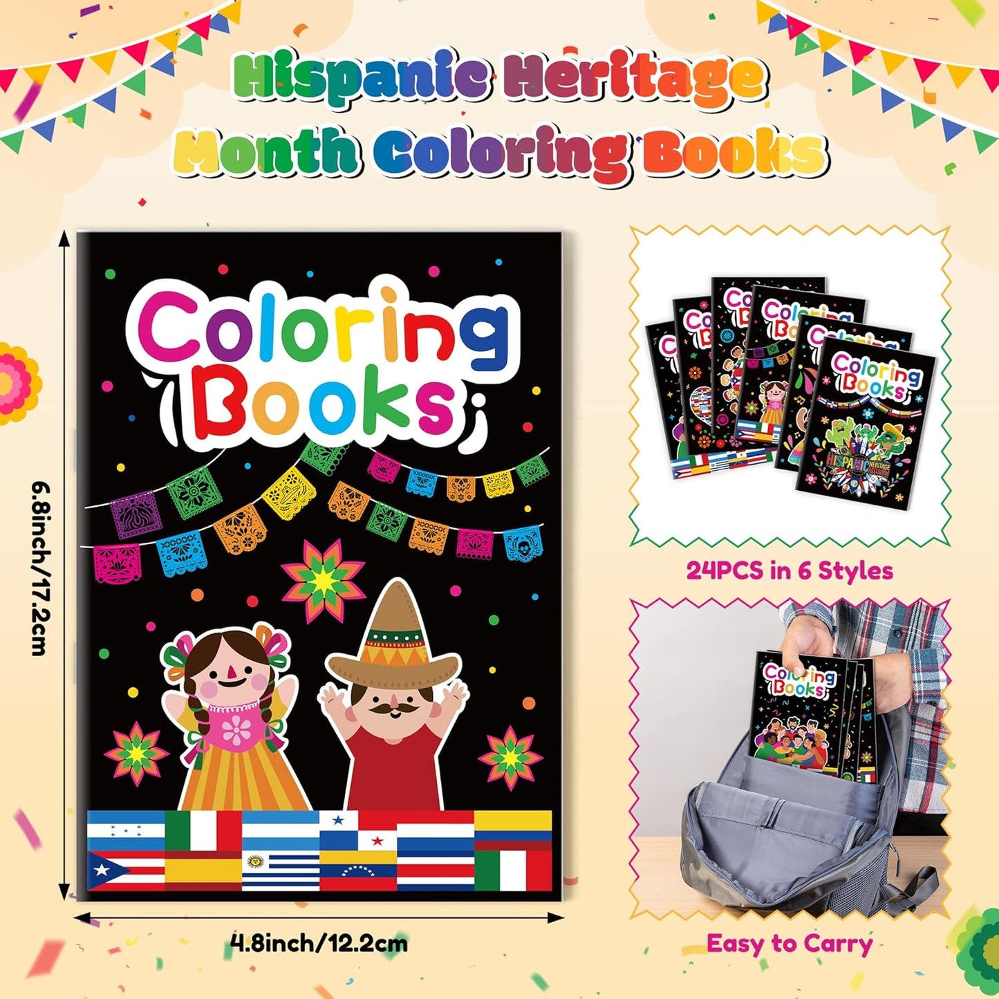 JAPBOR Hispanic Heritage Month Coloring Books - 24PCS Mini Hispanic Culture Color Book Bulk for Kid Party Favor, Latino American Small Colouring Pages for Birthday Gifts Class School Draw Paint Game