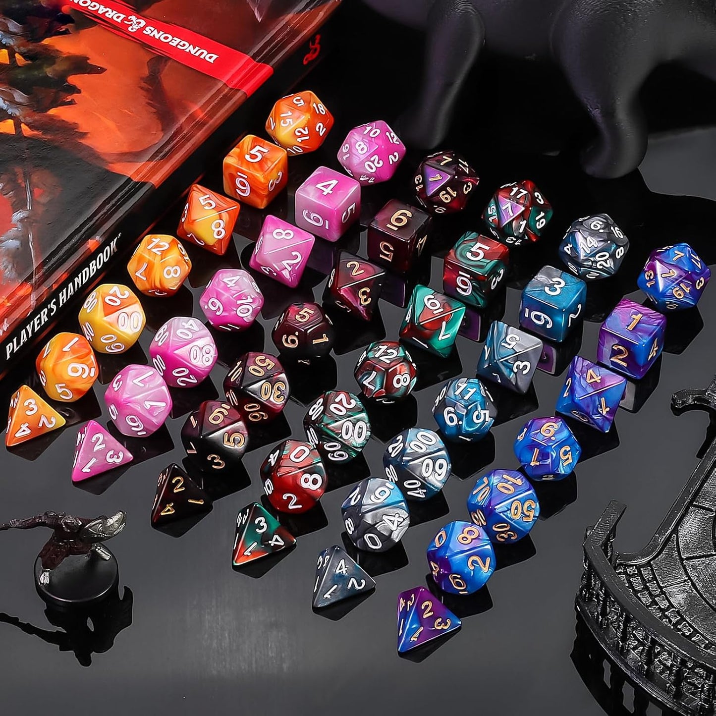 QMay DND Dice Sets - 6 X 7 Polyhedral Dice (42pcs) with 6 Drawstring Bags for Dungeons and Dragons, RPG, MTG,Role Playing Table Game