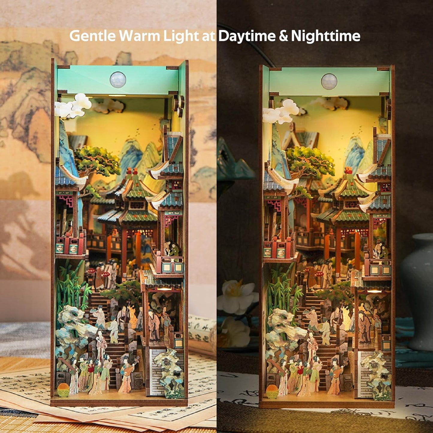 Tonecheer DIY Book Nook Kit for Adults, Wooden 3D Puzzle Bookend Bookshelf Insert Decor, Chinese Booknook Miniature House Kit with Dust Cover and Body Motion Sensor LED (Song Dynasty Culture)