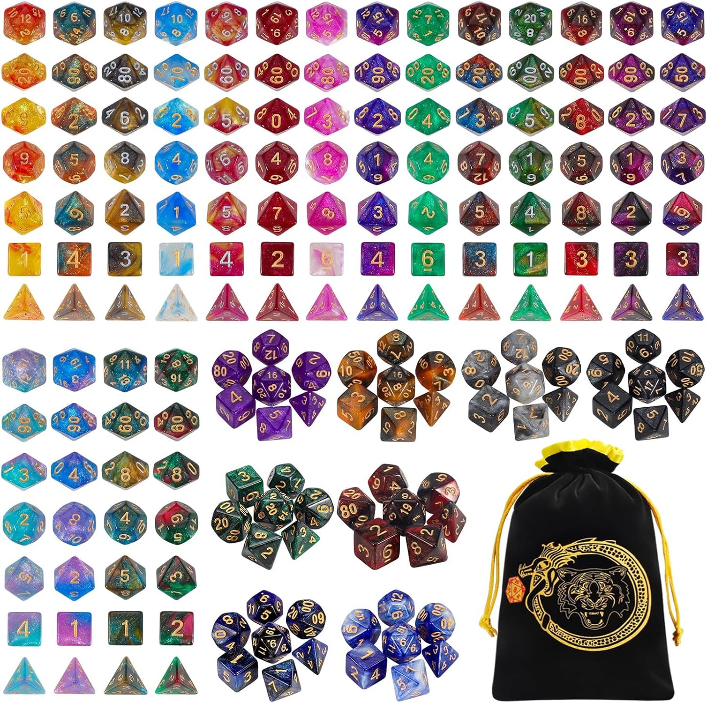 CiaraQ DND Dice Sets - 26 X 7 Polyhedral Dice (182pcs) with a Large Drawstring Bag for Dungeons and Dragons, Role Playing Table Game. Multiple Colors, Glitter Swirl Design with Gold Numbers.