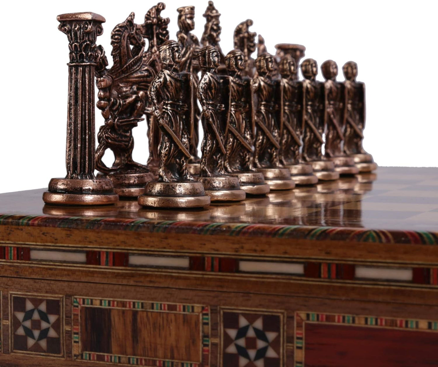 Medieval British Army Antique Copper Metal Chess Set for Adults,Handmade Pieces and Natural Solid Wooden Chess Board with Storage Inside King 3.35inc