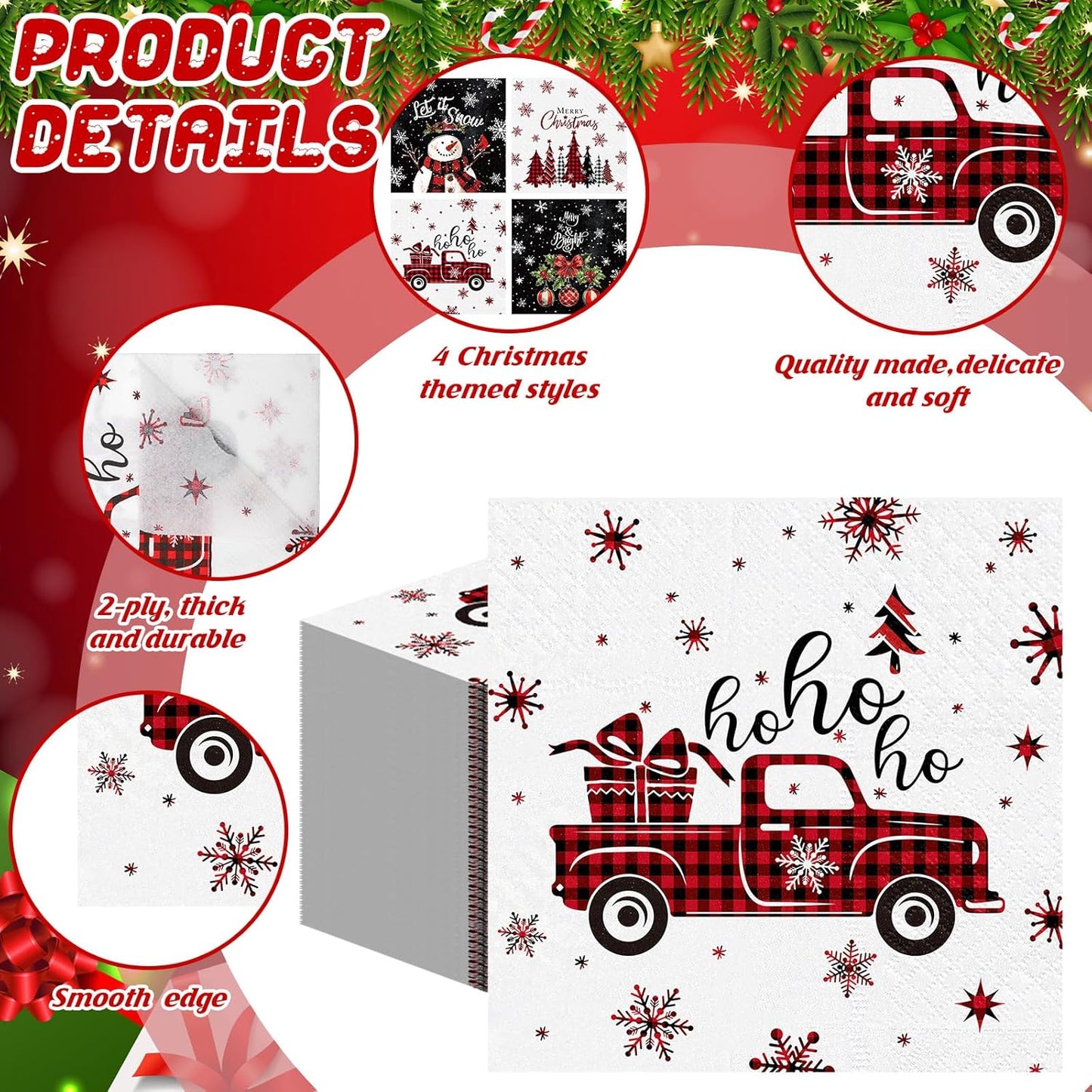 Janlaugh 200 Pcs Christmas Paper Napkins Disposable Snowman Cocktail Napkins Decoupage 2 Ply Snowflake Dinner Napkins Santa Beverage Napkins for Xmas Winter Table Decor(Black,Snowman)