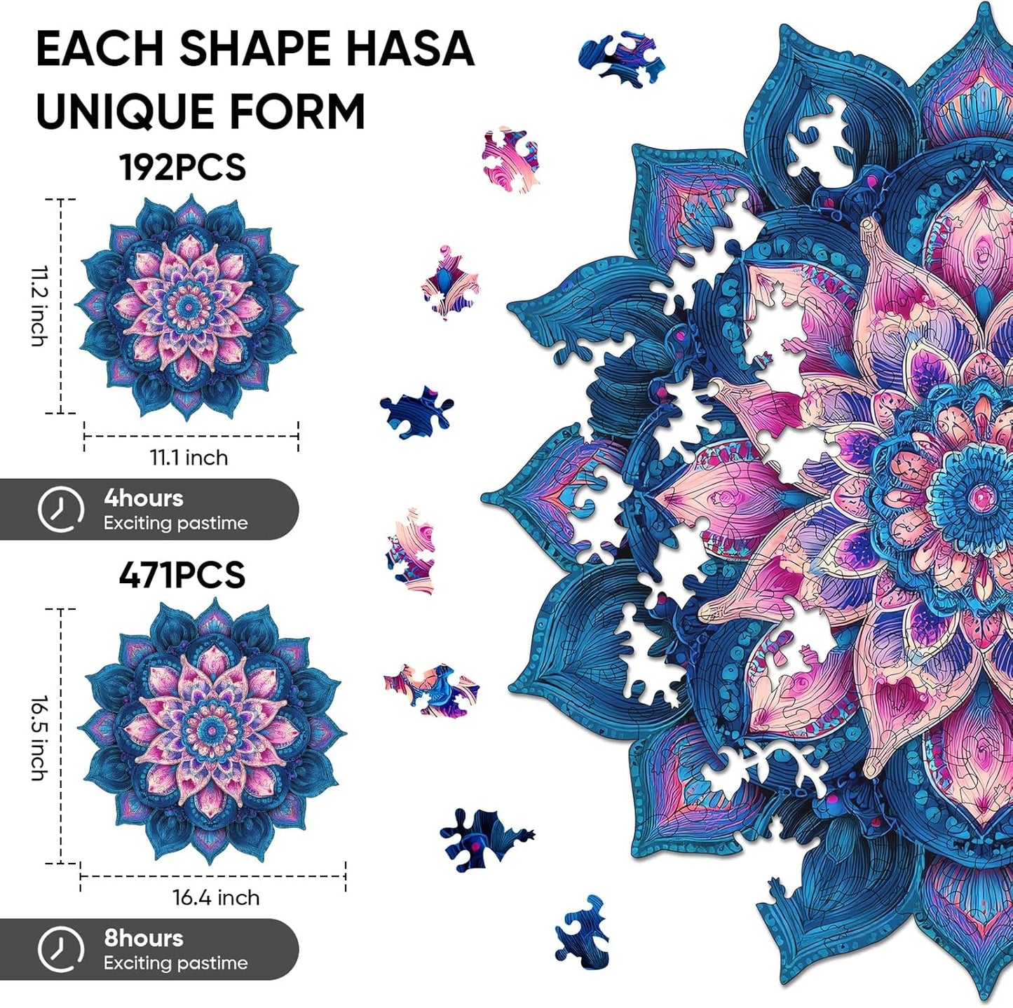 Wooden Puzzles for Adults, Mandela Lotus Adult Puzzles 192 Pieces, Wooden Jigsaw Puzzles Unique Shape, Best Gifts for Adults Family Game, 11.1x11.2 inch