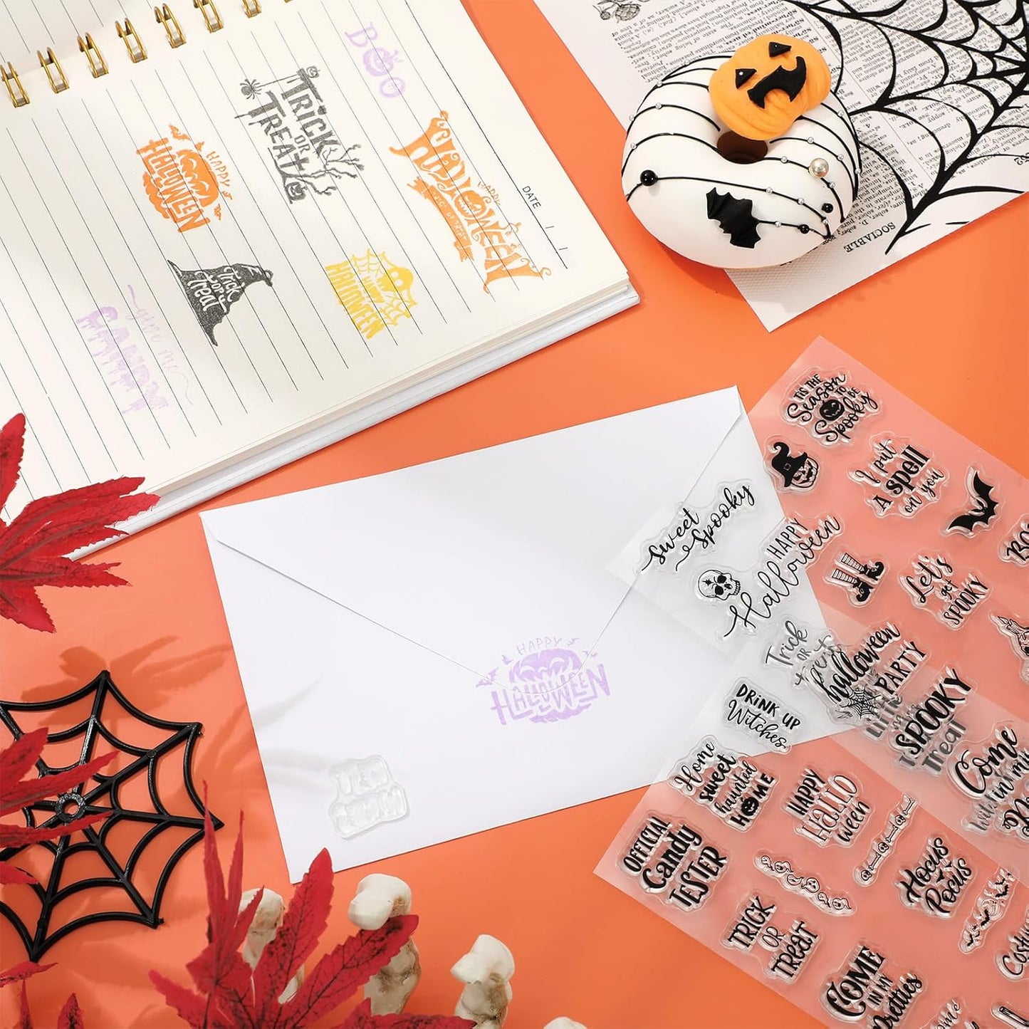 Whaline 4 Sheets Halloween Clear Stamps Greeting Words Pumpkin Bat Silicone Transparent Stamps Happy Halloween Stamp Cards for DIY Crafts Card Making Scrapbooking Embossing Album Decor