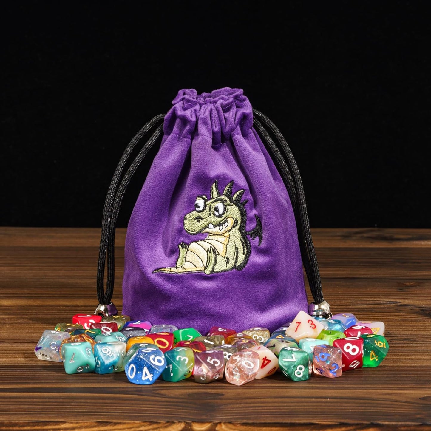 Large DND Dice Bag Purple Velvet Storage Bag with Cartoon Dragon Pattern for Role Playing Games Tabletop Games - Capacity 100+ Polyhedral Dice