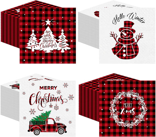 Janlaugh 200 Pcs Christmas Paper Cocktail Napkins Disposable 2 Ply Xmas Style Decoupage Beverage Napkins for Xmas Holiday Winter Dinner Table Decor