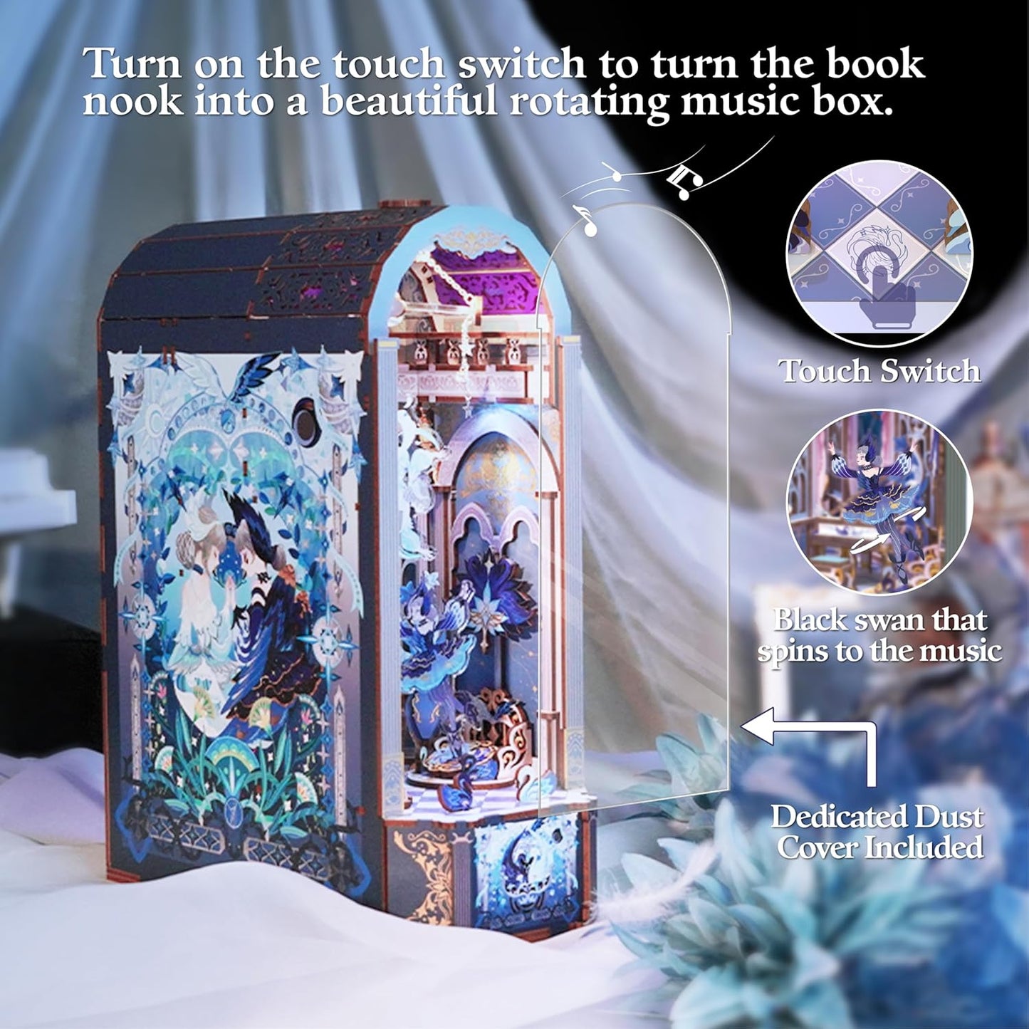 Tonecheer DIY Book Nook Kit for Adults, 3D Wooden Puzzle Music Box Bookend, Rotation Miniature House Booknook Bookshelf Insert Decor with Dust Cover and LED Light (Swan Dream)