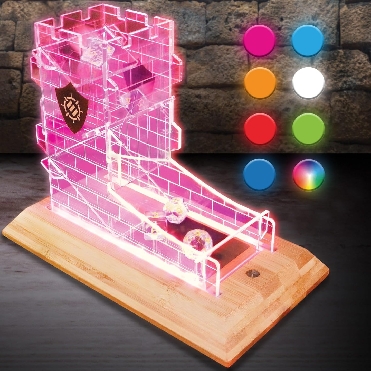 ENHANCE Tabletop LED Dice Tower with 7pc Dice Set for RPG Games - Clear Gaming Set, LED Lit Rolling Tray with Bamboo Base and Castle Tower Design, Roll Up to 14 at Once - Great for Game Night