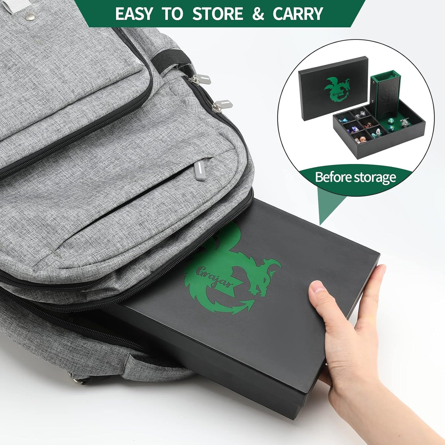 3 in 1 Dice Tray with Lid, Portable Dice Box Storage, D&D RPG MTG Table Games (Green)