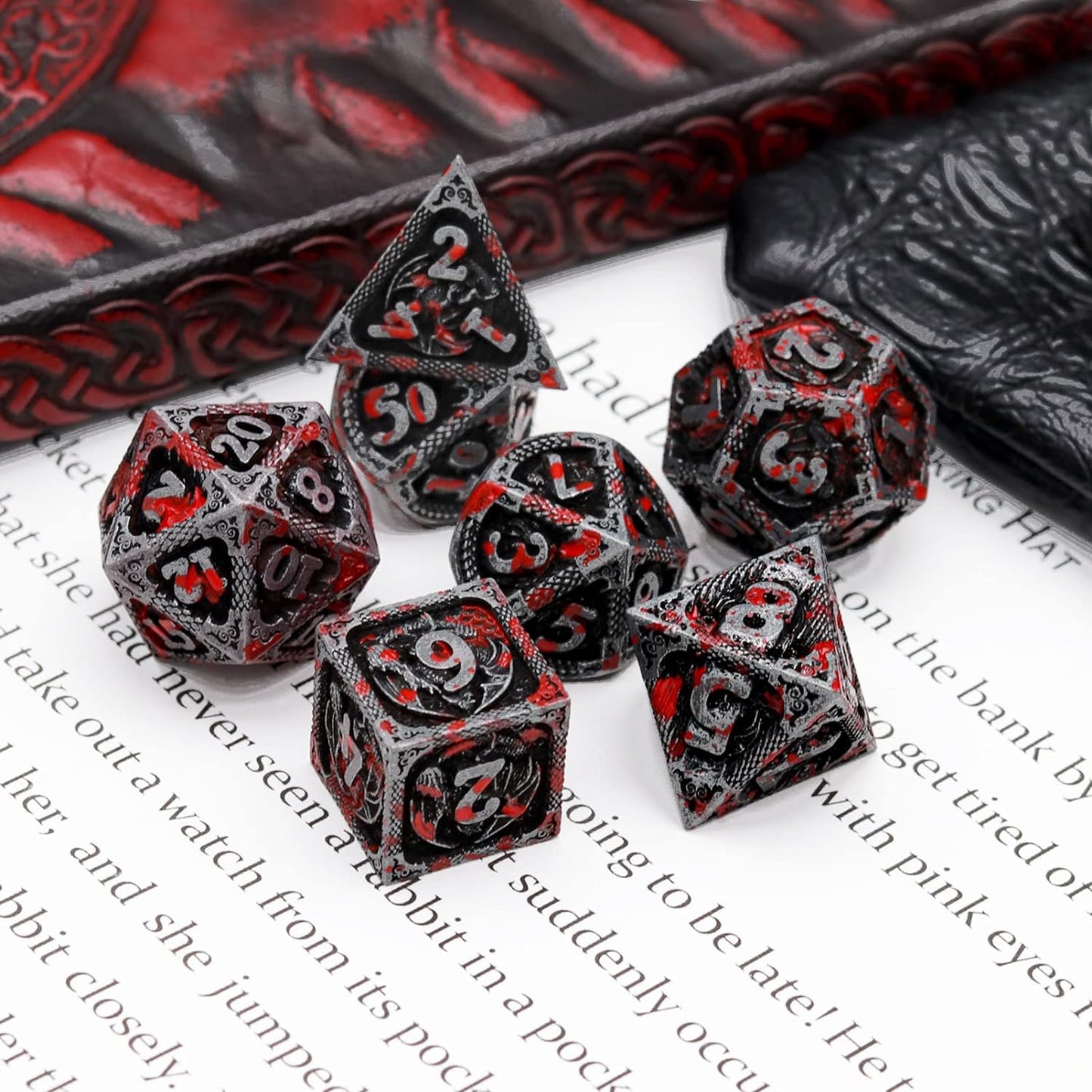 Haxtec Bloodstained Metal DND Dice Set Antique Iron Blood D&D Dice Set Dragon Scale with Leather Dice Bag Bloodsplattered Metal Polyhedral Dice Compatible with Dungeons and Dragons TTRPG Gifts
