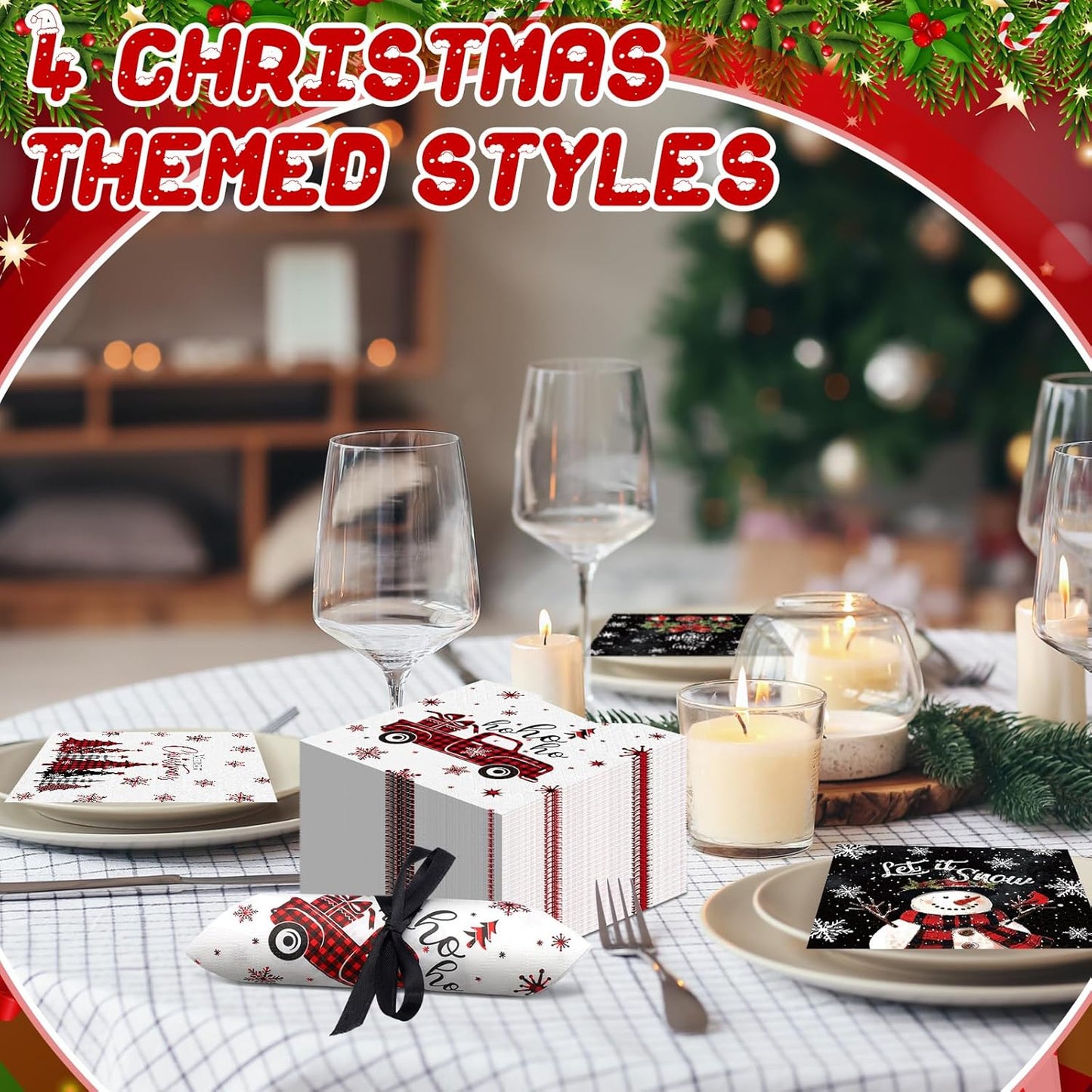 Janlaugh 200 Pcs Christmas Paper Napkins Disposable Snowman Cocktail Napkins Decoupage 2 Ply Snowflake Dinner Napkins Santa Beverage Napkins for Xmas Winter Table Decor(Black,Snowman)