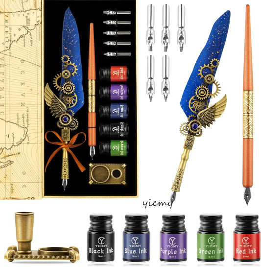 Feather Pen and Ink Set Calligraphy Kit for Beginners with Quill Pen, Antique Vintage Stationary Set for Writing, Signing & Hand Lettering Art