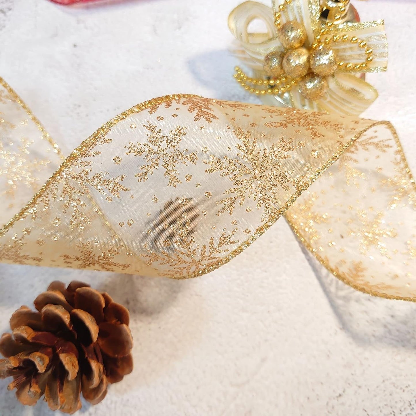CT CRAFT LLC Organza with Gold Glitter Snowflakes Wired Ribbon 2.5 inch x 50 Yards for Christmas Home Decor Tree Topper Bow Gift Wrapping DIY Crafts Wreath Garland Wedding