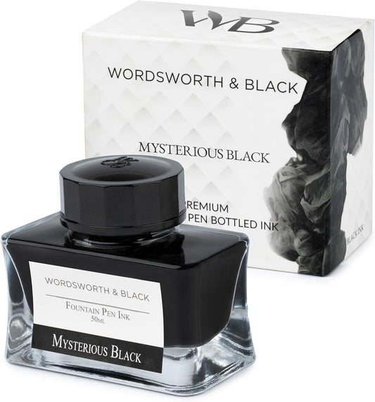 Wordsworth and Black Fountain Pen Ink Bottle (50 ml) Premium Luxury Edition, [Mysterious Black] Fountain Pens Bottled Ink; Classic Designed Bottle Smooth Flow 50 ml