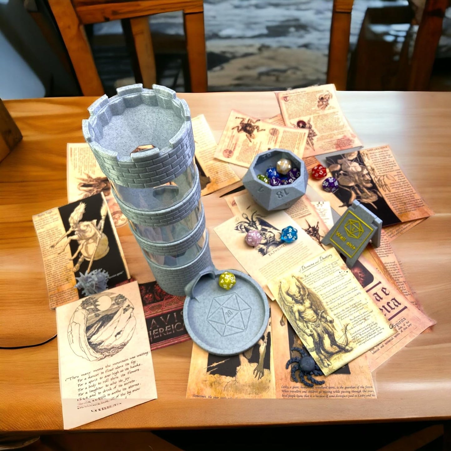 Castle Dice Tower Works with Standard Size Rollers, for TRPG Board Games, with A Set of Dice in Random Color