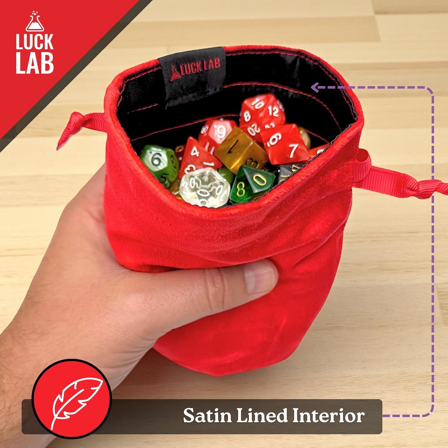 Luck Lab Velvet Drawstring Dice Bag - Set of Three Colors - Dungeons and Dragons Fabric/Standing Cotton Fabric Dice Bags/D&D Dice Pouch/Small Pouch/Velvet Jewelry Bag (Red, Black, Grey)