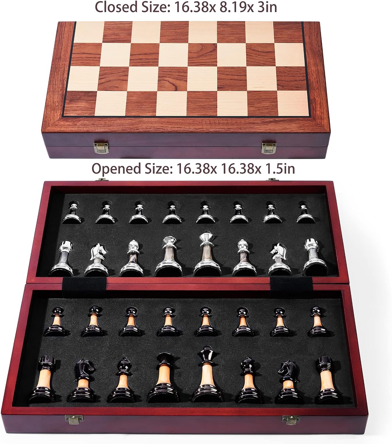 VAMSLOVE Chess Set Large 16''/42cm Folding Wooden Board with Deluxe Weighted Acrylic Chess Pieces - 3.5" King with Storage Slots for Adults House Warming Retirement Gift