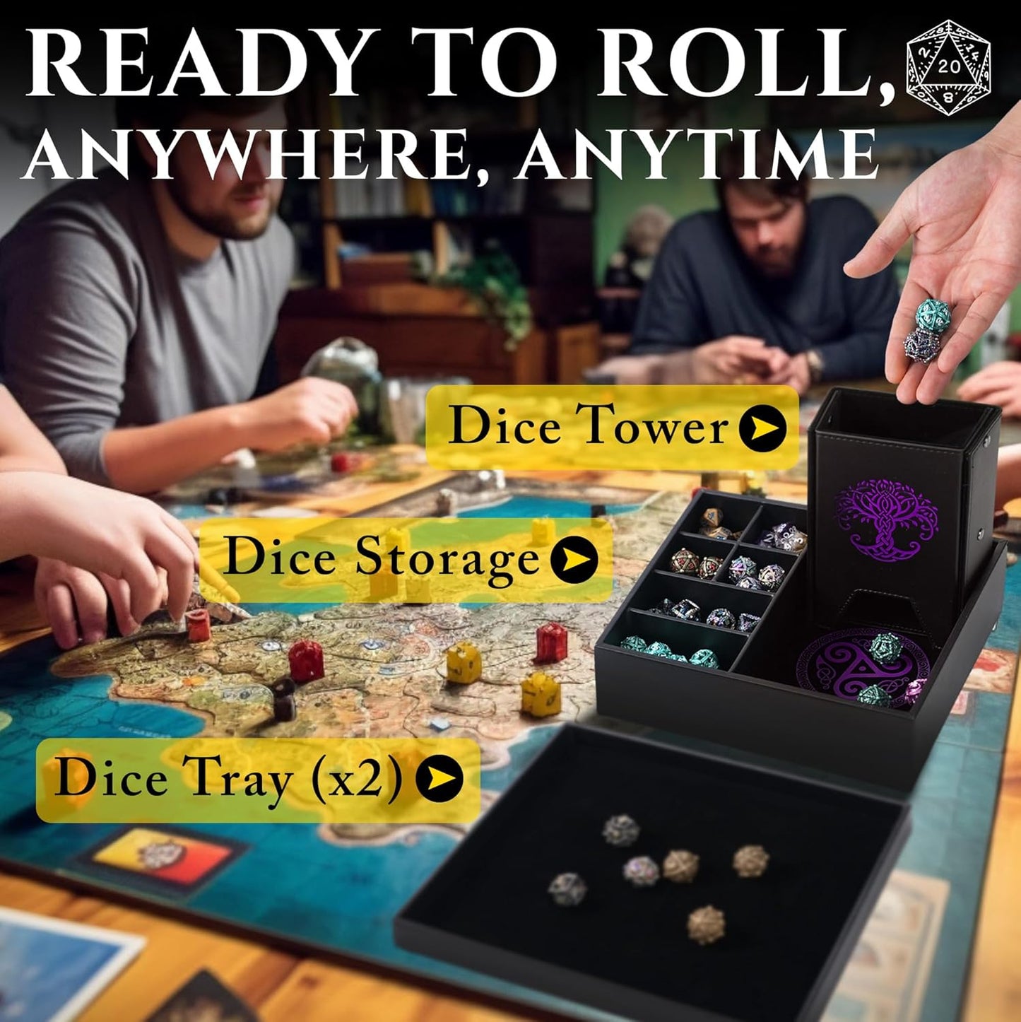 Dice Tray and Dice Tower for DND and RPG - All-in-One Game Roamer Tray & Large Tower for Random Rolls - Stores Your Sets, Mini's and More Compatible with D&D (Purple Tree)