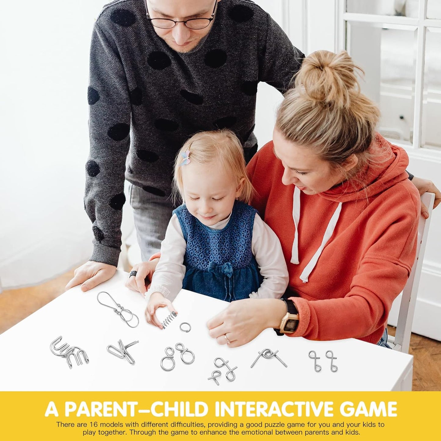 Metal Wire Puzzle 16-Piece Set with Pouch – IQ Test Brain Teaser Disentanglement Chinese Ring Fidget Toy for Kids & Adults – Portable Party Favor