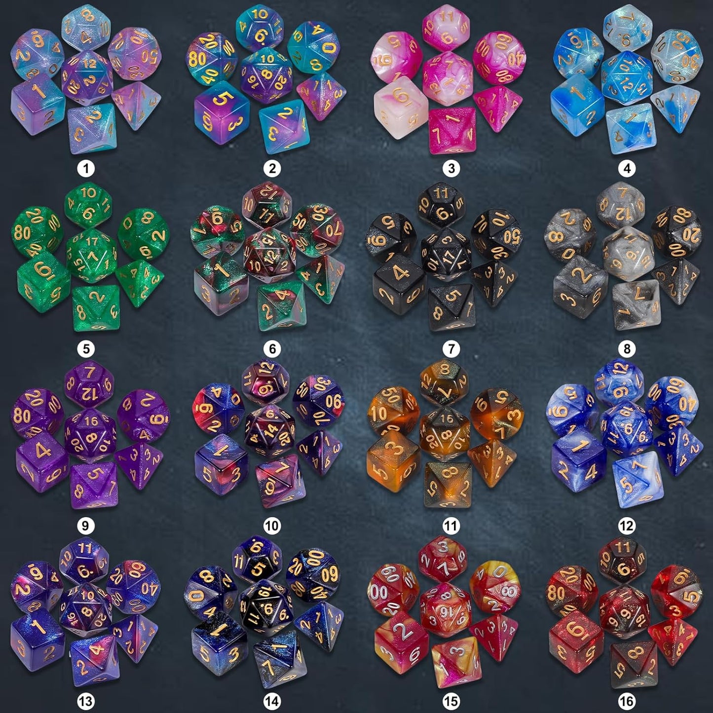 CiaraQ DND Dice Sets - 26 X 7 Polyhedral Dice (182pcs) with a Large Drawstring Bag for Dungeons and Dragons, Role Playing Table Game. Multiple Colors, Glitter Swirl Design with Gold Numbers.