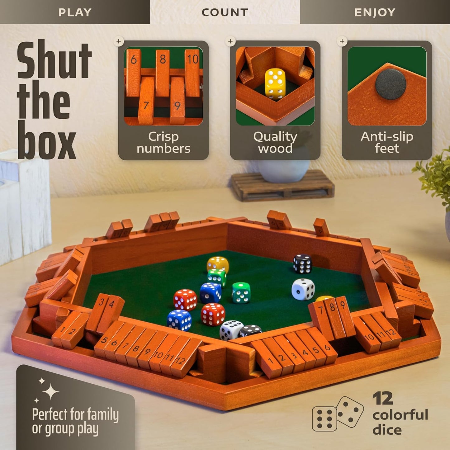Queensell Shut The Box Game Wooden Board for 1-6 Players - 16-inch Shut The Box Game 12 Numbers for Adults & Kids - Ideal for Games Night