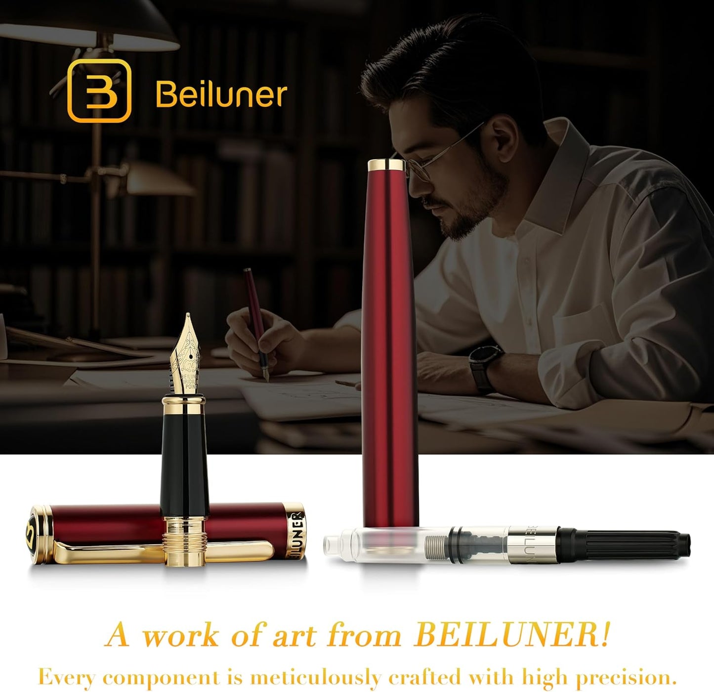 BEILUNER Red Fountain Pen,Stunning Luxury Pens with 24K Gold Finish, Gorgeous 24K Gilded Nib(Medium), Fancy Pen Gift for Men&Women -Ink Converter-Elegant,Professional,Office,Nice Pen for Writing
