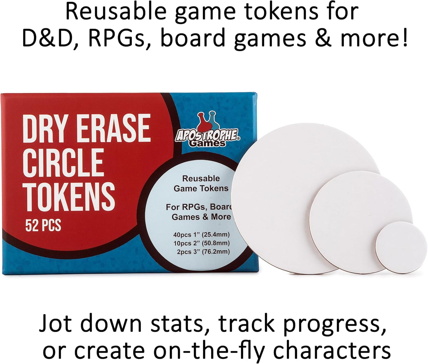 Apostrophe Games Dry Erase Tokens - 52 Reusable Board Game Pieces (1", 2" & 3"), DIY, RPG – Create Your Own Custom Tiles