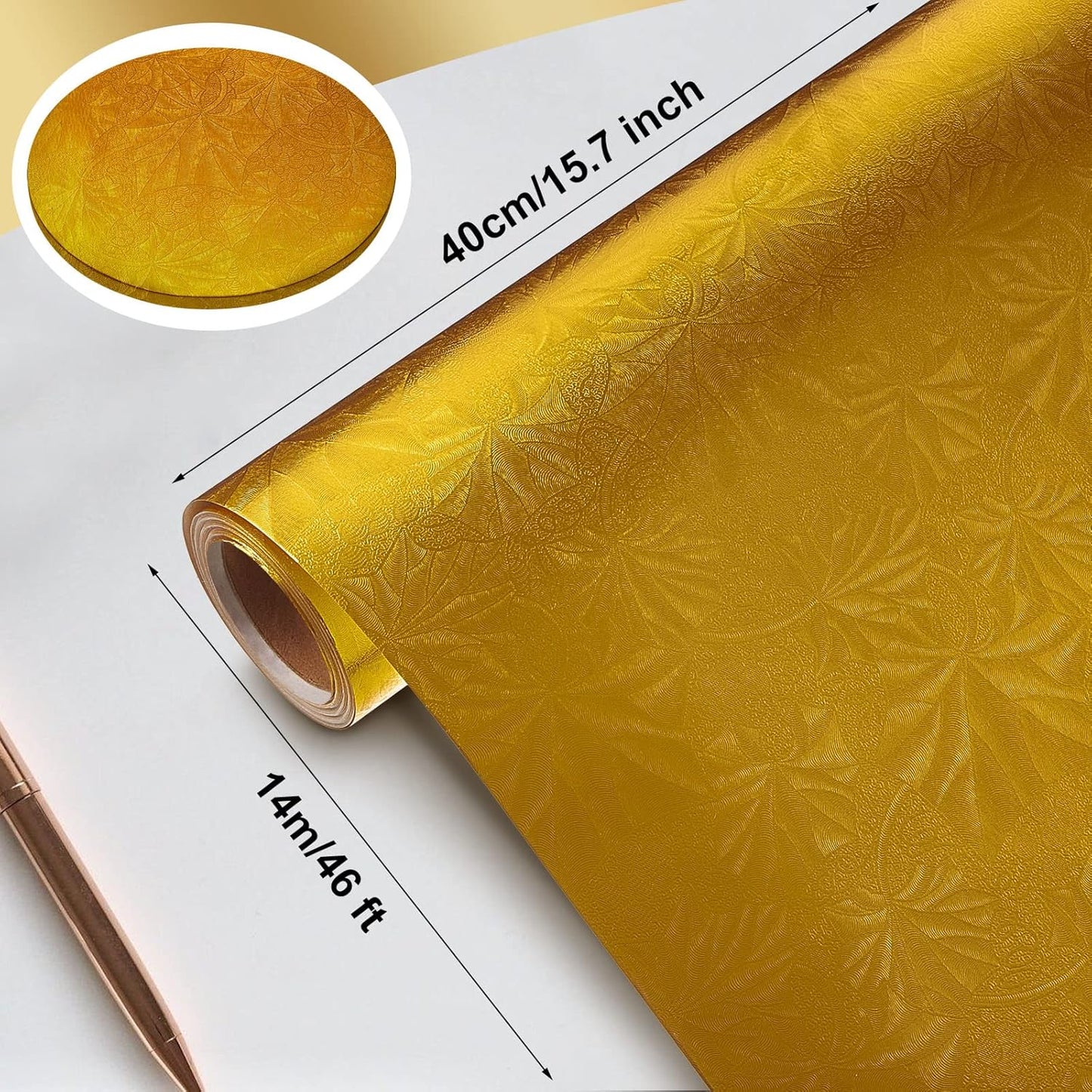 Jecery Embossed Floral Foil Paper Metallic Wrapping Paper Colored Foil Sheets for Crafts Scrapbook Florist Cake Board Cake Drums Christmas Party Gift Wrapping, 15.7 Inch 46 ft(Gold)