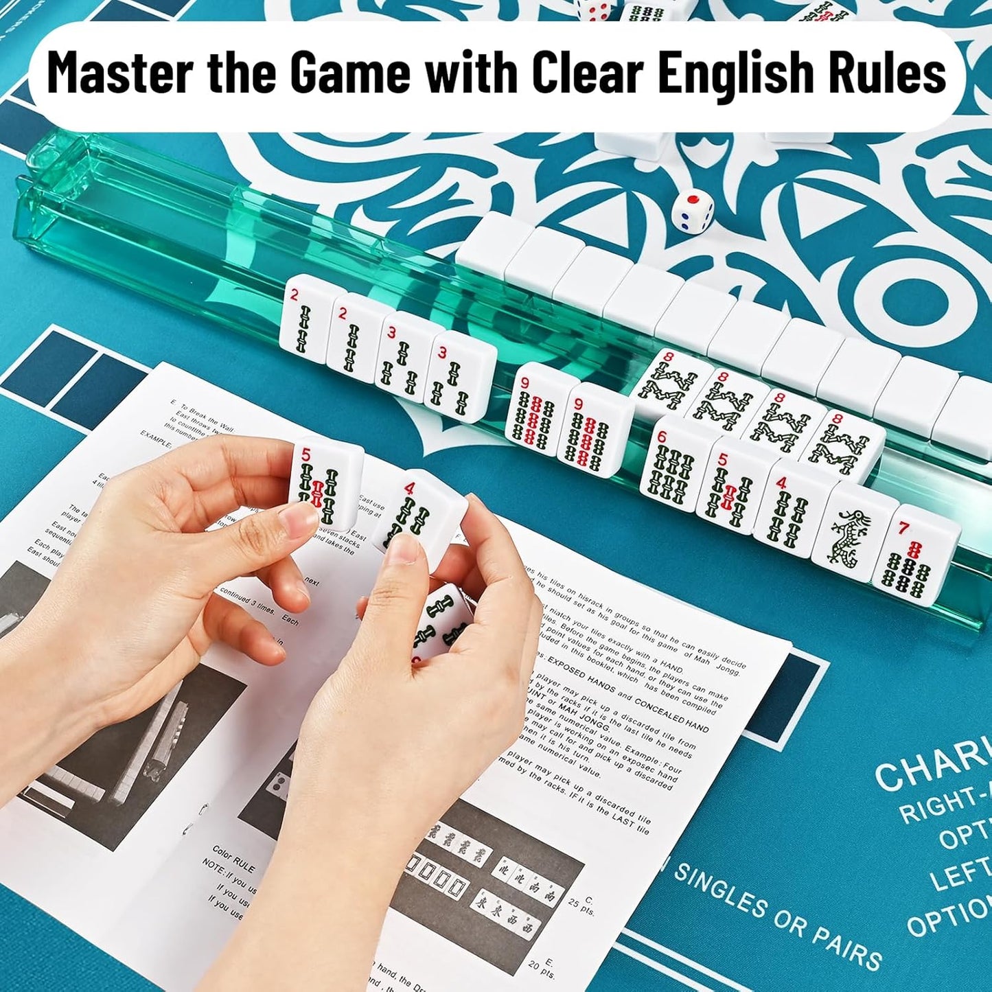 American Mahjong Tile Set – 166 White Tiles, 4 All-in-One Color Racks with Pushers, 3 Dice, Portable Red Carrying Bag – Complete Mahjong Game Set