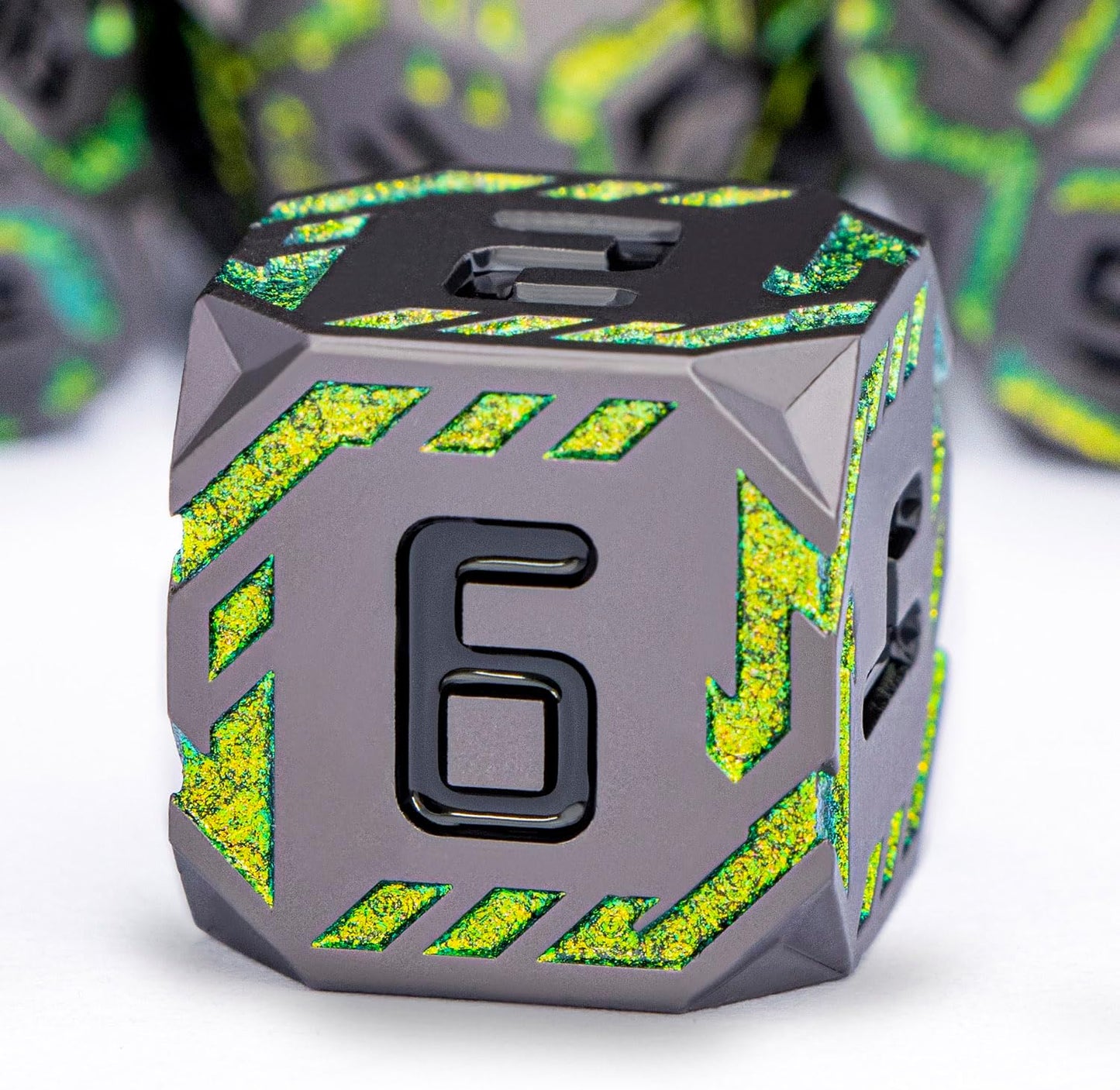 Metal DND Sci-fi Dice Set 7PCS Stripe Polyhedral Dice for Dungeons Dragons RPG Role Playing Game, Glitter D and D Dice with Gift Box D6 D8 D10 D12 D20 (Black&Green Yellow)